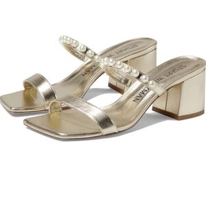 Stuart Weitzman Metallic Gold Pearl-Trim Block Heel Mules